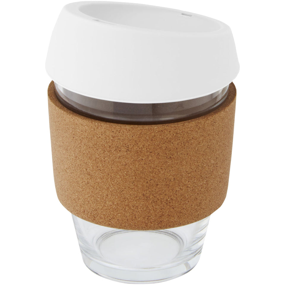 Bicchiere da 360 ml in vetro borosilicato con impugnatura in sughero e coperchio in silicone Lidan personalizzato con logo - Pubblienne