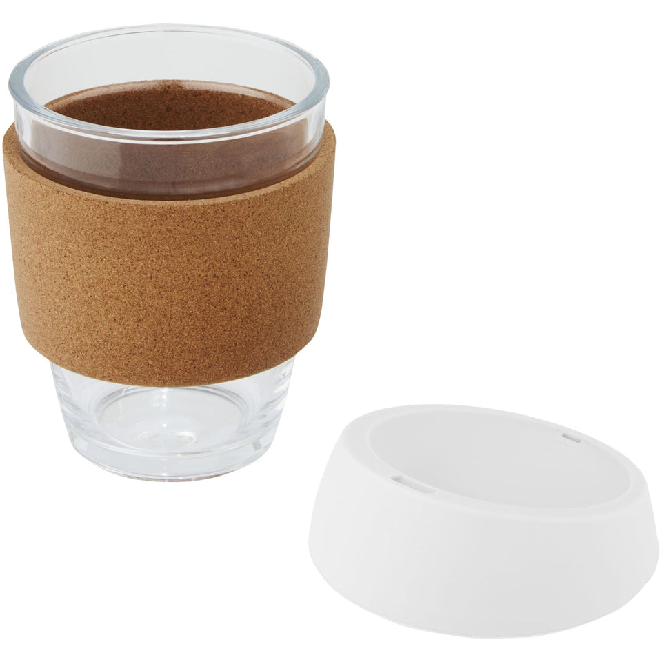 Bicchiere da 360 ml in vetro borosilicato con impugnatura in sughero e coperchio in silicone Lidan personalizzato con logo - Pubblienne