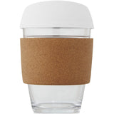 Bicchiere da 360 ml in vetro borosilicato con impugnatura in sughero e coperchio in silicone Lidan personalizzato con logo - Pubblienne