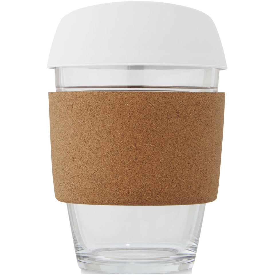 Bicchiere da 360 ml in vetro borosilicato con impugnatura in sughero e coperchio in silicone Lidan personalizzato con logo - Pubblienne