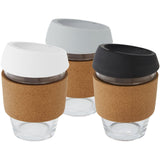 Bicchiere da 360 ml in vetro borosilicato con impugnatura in sughero e coperchio in silicone Lidan personalizzato con logo - Pubblienne