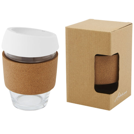 Bicchiere da 360 ml in vetro borosilicato con impugnatura in sughero e coperchio in silicone Lidan personalizzato con logo - Pubblienne