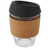Bicchiere da 360 ml in vetro borosilicato con impugnatura in sughero e coperchio in silicone Lidan personalizzato con logo - Pubblienne