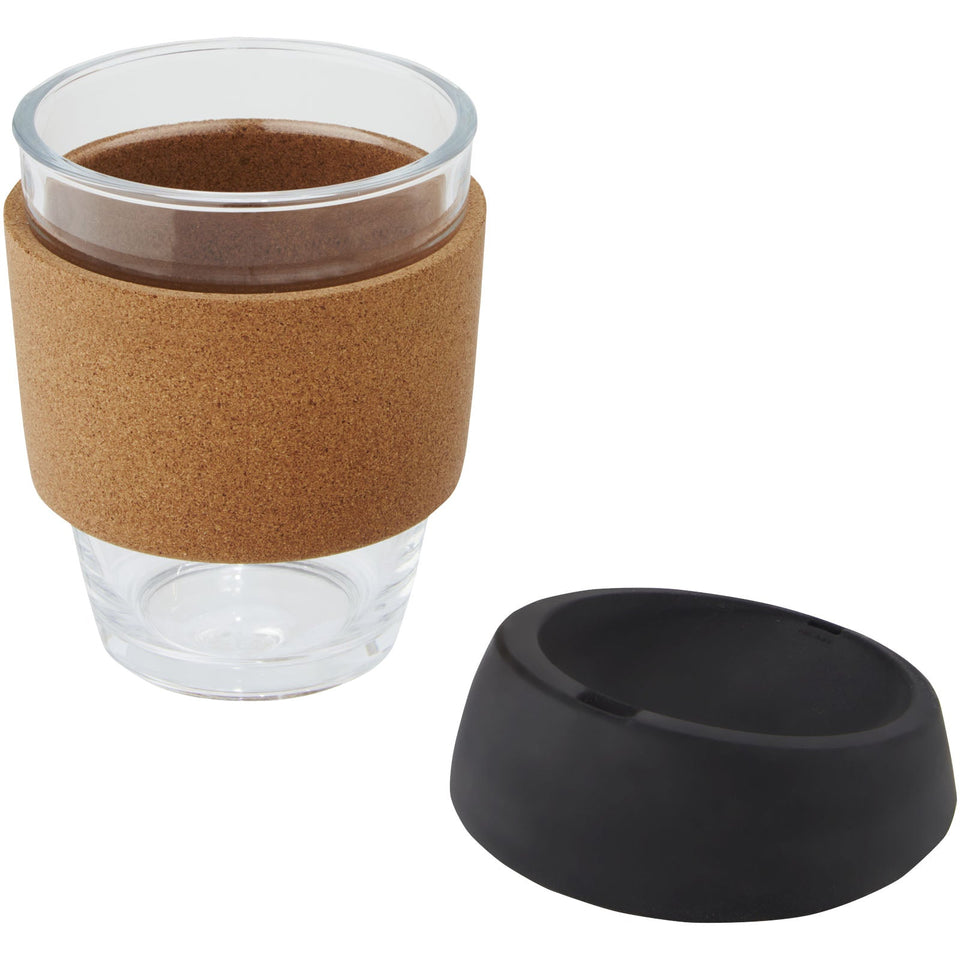 Bicchiere da 360 ml in vetro borosilicato con impugnatura in sughero e coperchio in silicone Lidan personalizzato con logo - Pubblienne