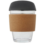Bicchiere da 360 ml in vetro borosilicato con impugnatura in sughero e coperchio in silicone Lidan personalizzato con logo - Pubblienne