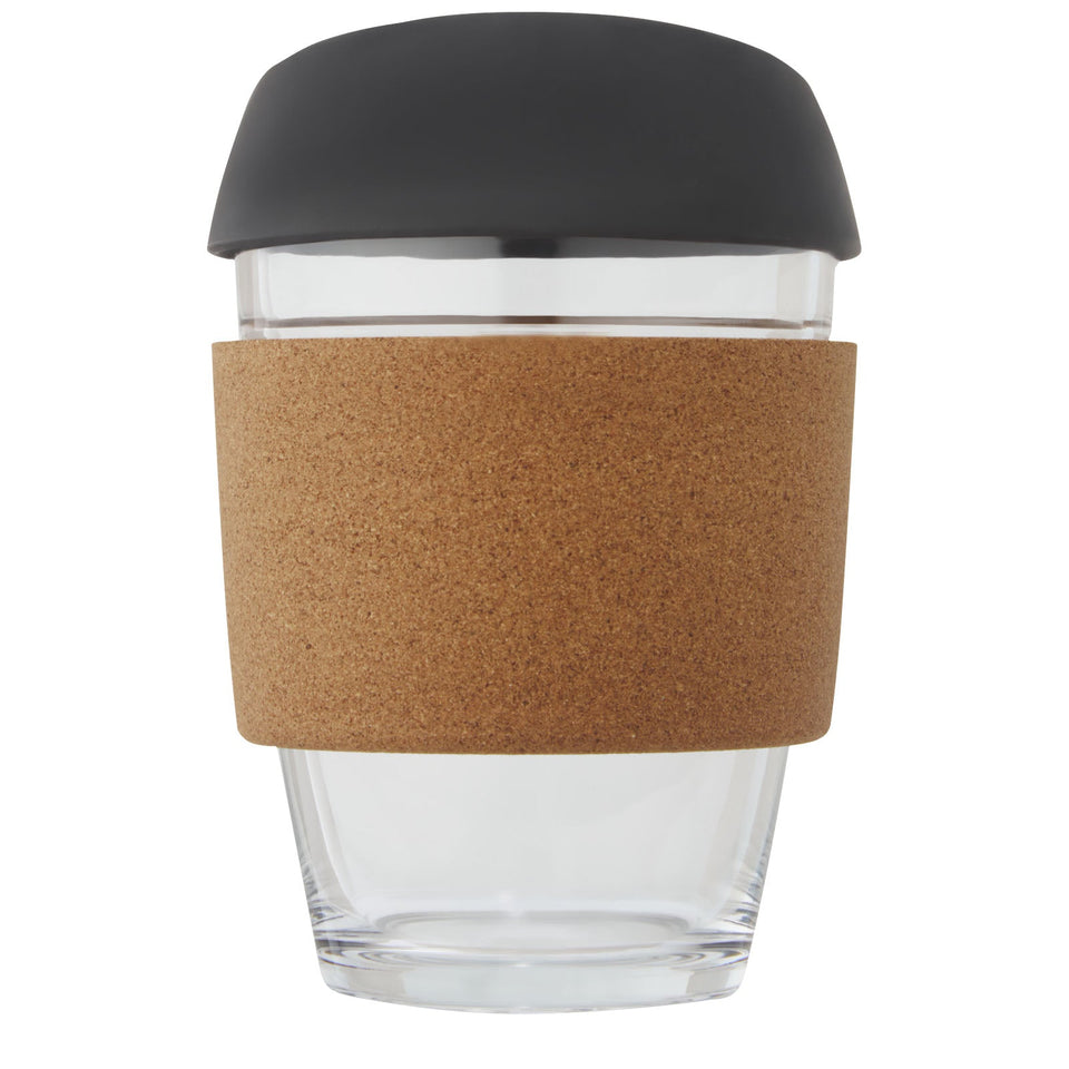 Bicchiere da 360 ml in vetro borosilicato con impugnatura in sughero e coperchio in silicone Lidan personalizzato con logo - Pubblienne
