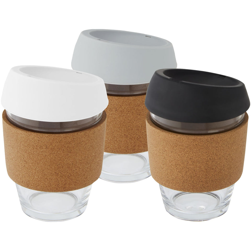 Bicchiere da 360 ml in vetro borosilicato con impugnatura in sughero e coperchio in silicone Lidan personalizzato con logo - Pubblienne
