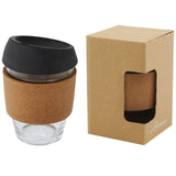Bicchiere da 360 ml in vetro borosilicato con impugnatura in sughero e coperchio in silicone Lidan personalizzato con logo - Pubblienne