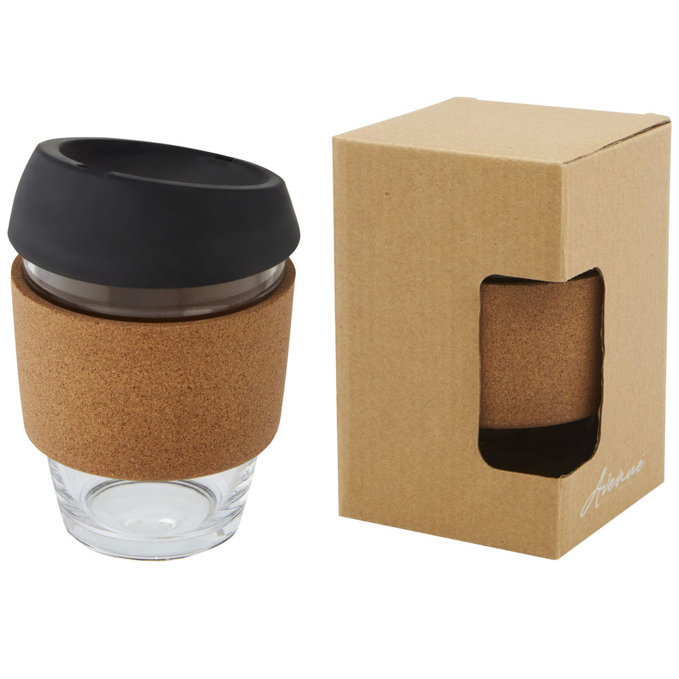 Bicchiere da 360 ml in vetro borosilicato con impugnatura in sughero e coperchio in silicone Lidan personalizzato con logo - Pubblienne