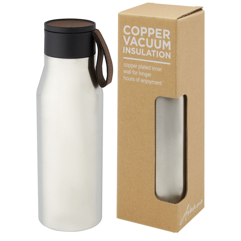 Borraccia in acciaio inossidabile da 500 ml con isolamento sottovuoto in rame, coperchio e cinturino in finta pelle Ljungan personalizzato con logo - Pubblienne