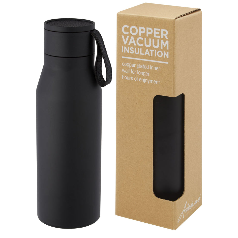 Borraccia in acciaio inossidabile da 500 ml con isolamento sottovuoto in rame, coperchio e cinturino in finta pelle Ljungan personalizzato con logo - Pubblienne