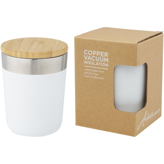 Bicchiere termico in acciaio inossidabile con isolamento sottovuoto in rame e coperchio in bambù da 330 ml Lagan personalizzato con logo - Pubblienne