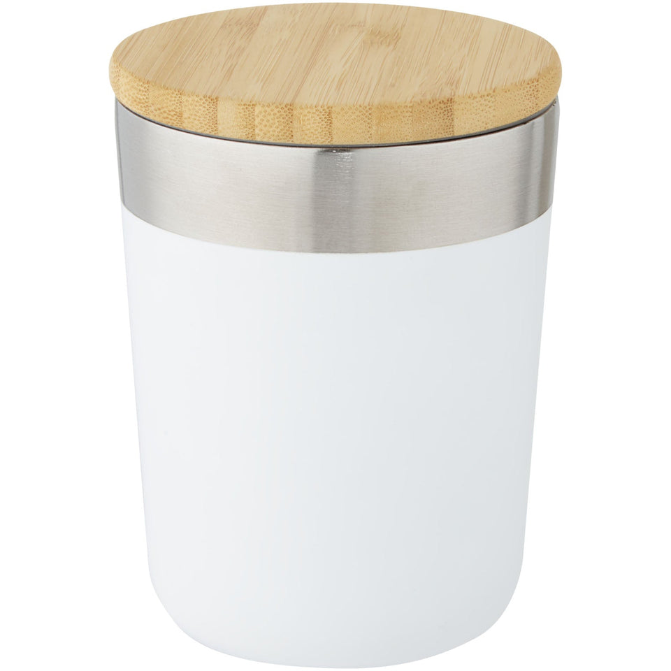 Bicchiere termico in acciaio inossidabile con isolamento sottovuoto in rame e coperchio in bambù da 330 ml Lagan personalizzato con logo - Pubblienne