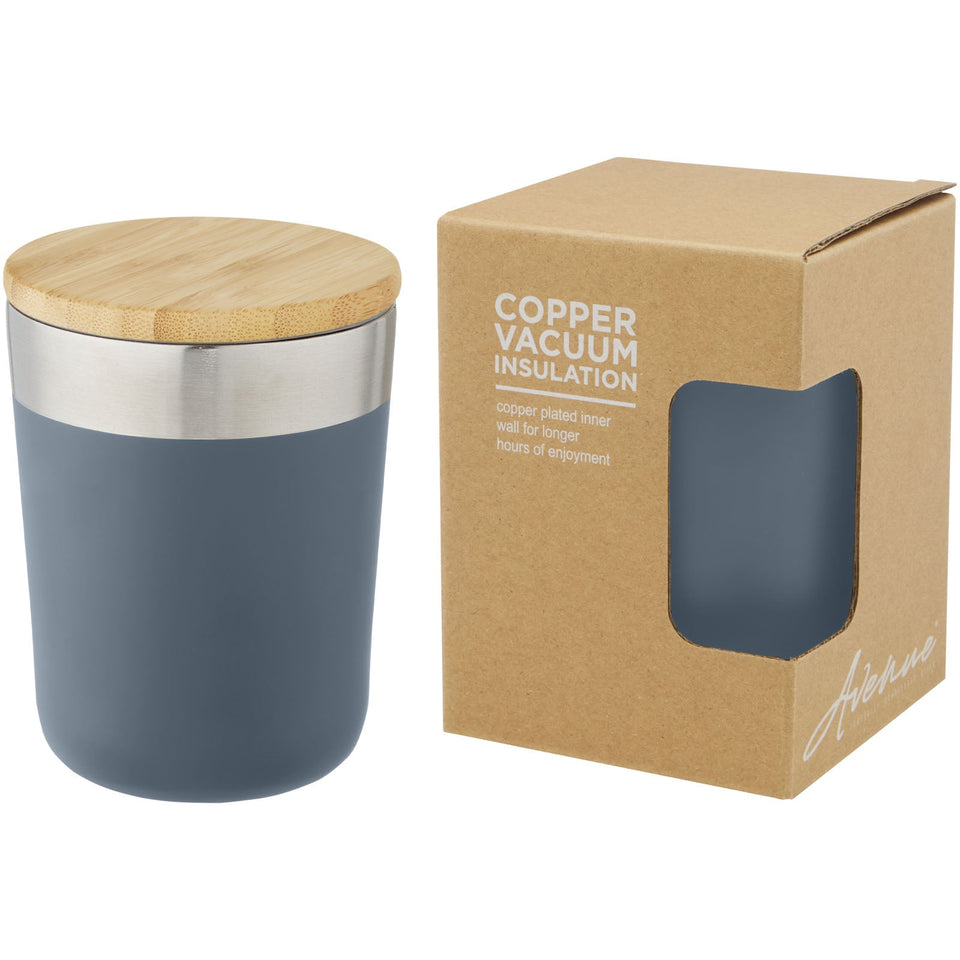 Bicchiere termico in acciaio inossidabile con isolamento sottovuoto in rame e coperchio in bambù da 330 ml Lagan personalizzato con logo - Pubblienne