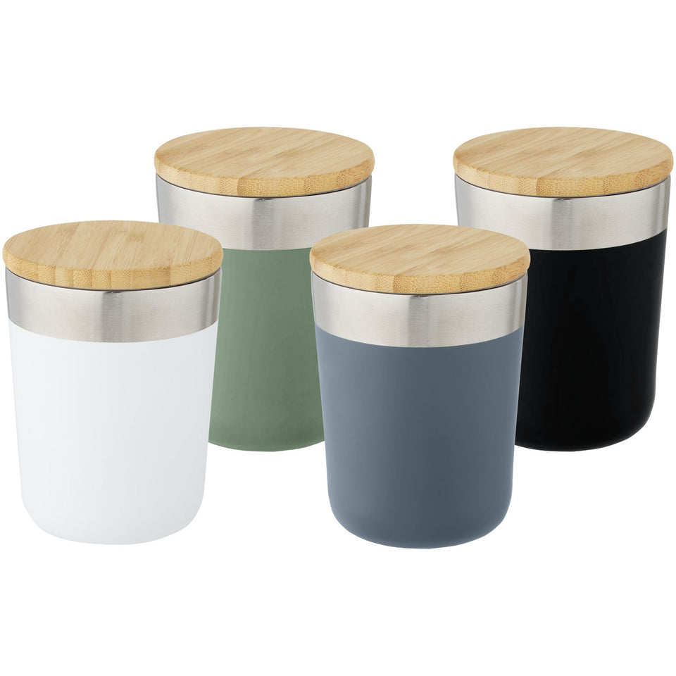 Bicchiere termico in acciaio inossidabile con isolamento sottovuoto in rame e coperchio in bambù da 330 ml Lagan personalizzato con logo - Pubblienne