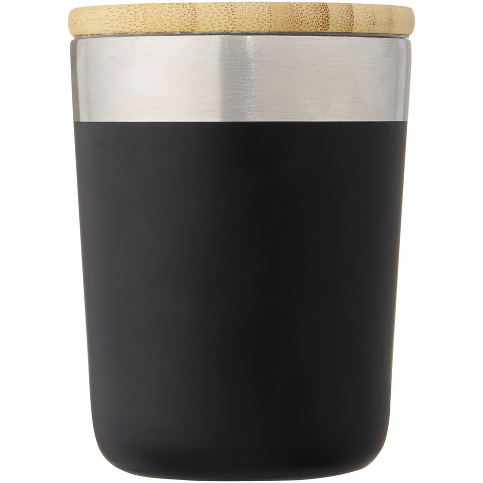 Bicchiere termico in acciaio inossidabile con isolamento sottovuoto in rame e coperchio in bambù da 330 ml Lagan personalizzato con logo - Pubblienne