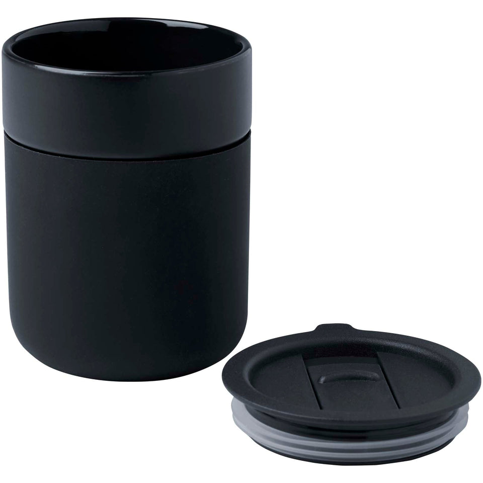 Bicchiere in ceramica con involucro in silicone e coperchio in plastica da 330 ml Java personalizzato con logo - Pubblienne