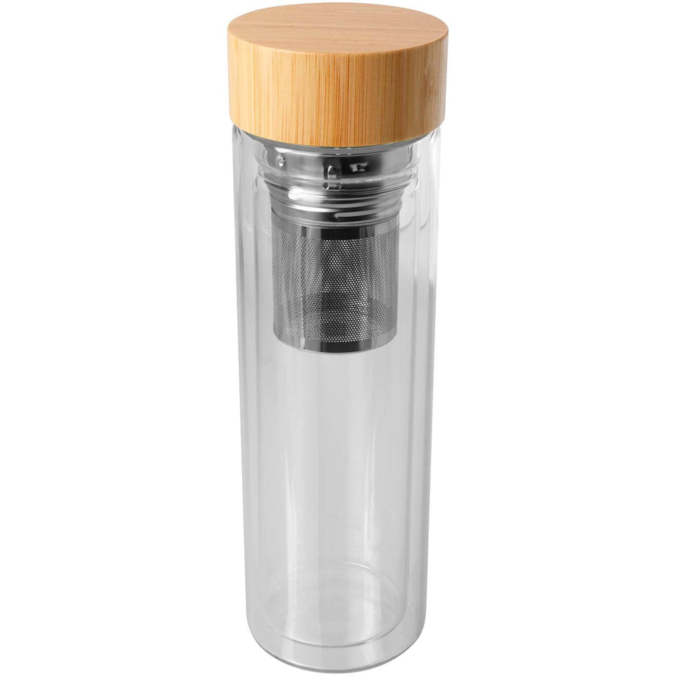 Borraccia con infusore in vetro borosilicato con coperchio in bambù da 400 ml Bailey personalizzato con logo - Pubblienne