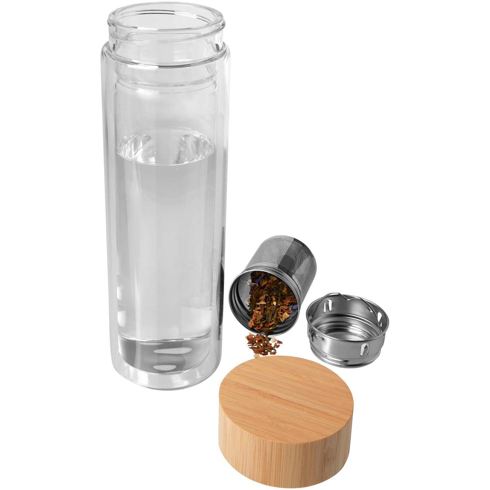 Borraccia con infusore in vetro borosilicato con coperchio in bambù da 400 ml Bailey personalizzato con logo - Pubblienne