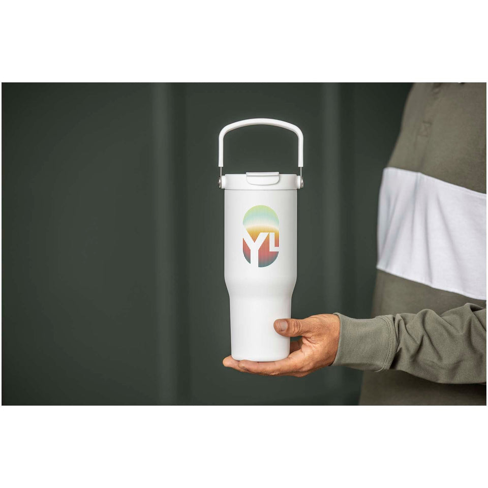 Bicchiere termico da 900 ml in acciaio inossidabile riciclato certificato RCS con sottovuoto in rame e coperchio a doppia fun personalizzato con logo - Pubblienne