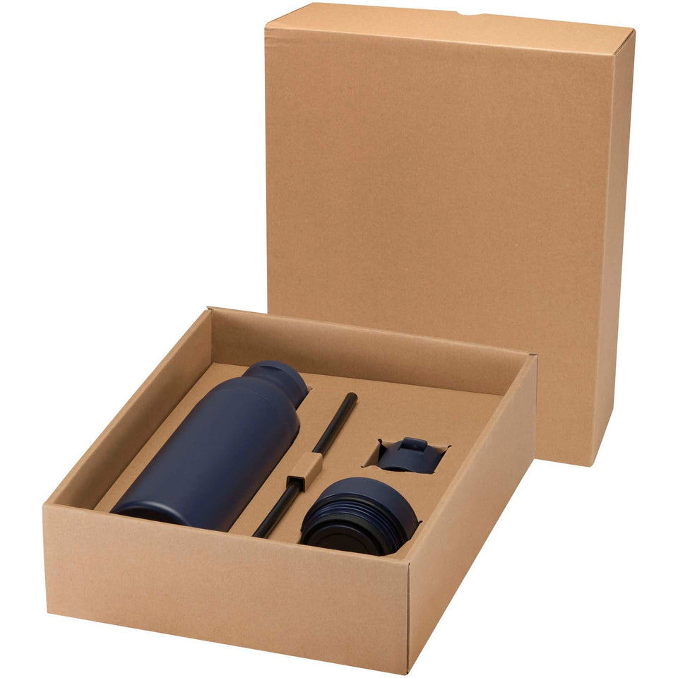 Borraccia in acciaio inossidabile riciclato certificato RCS a doppia parete da 650 ml con set di coperchi da 3 pezzi Illumina personalizzato con logo - Pubblienne