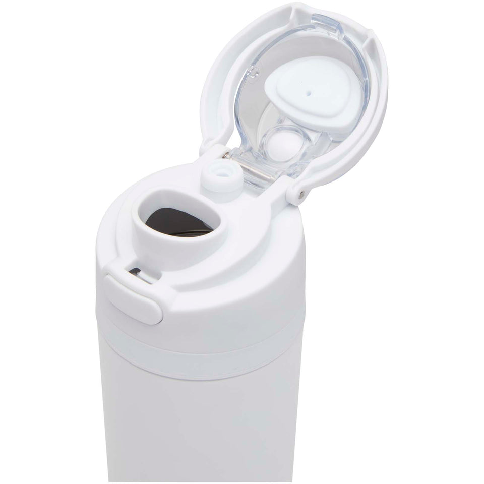 Borraccia in acciaio inossidabile a parete singola in materiale riciclato certificato RCS con tappo a doppia funzione e cannu personalizzato con logo - Pubblienne