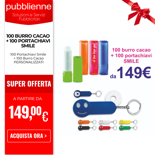 100 Burro Cacao + 100 Portachiavi Smile personalizzato con logo - Pubblienne
