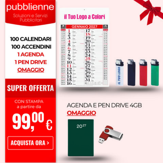 100 Calendari, 100 Accendini + 1 Agenda e 1 Pen drive omaggio personalizzato con logo - Pubblienne