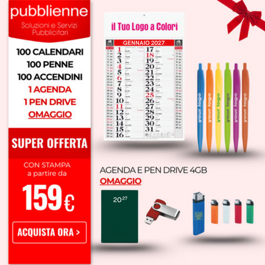 100 Calendari, 100 Penne, 100 Accendini - 1 Agenda - 1 Pen Drive personalizzato con logo - Pubblienne