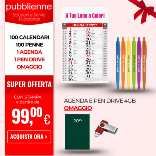 100 Calendari, 100 Penne + 1 Agenda e 1 Pen Drive personalizzato con logo - Pubblienne