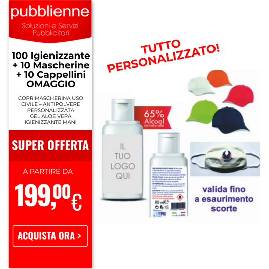 100 Igienizzante + 10 Mascherine + 10 Cappellini  OMAGGIO personalizzato con logo - Pubblienne