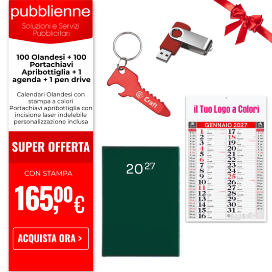 100 Olandesi + 100 Portachiavi Apribottiglia + 1 agenda + 1 pen drive personalizzato con logo - Pubblienne