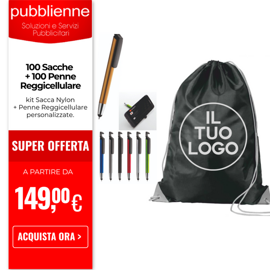 100 Sacca + 100 Penna Reggicellulare personalizzato con logo - Pubblienne