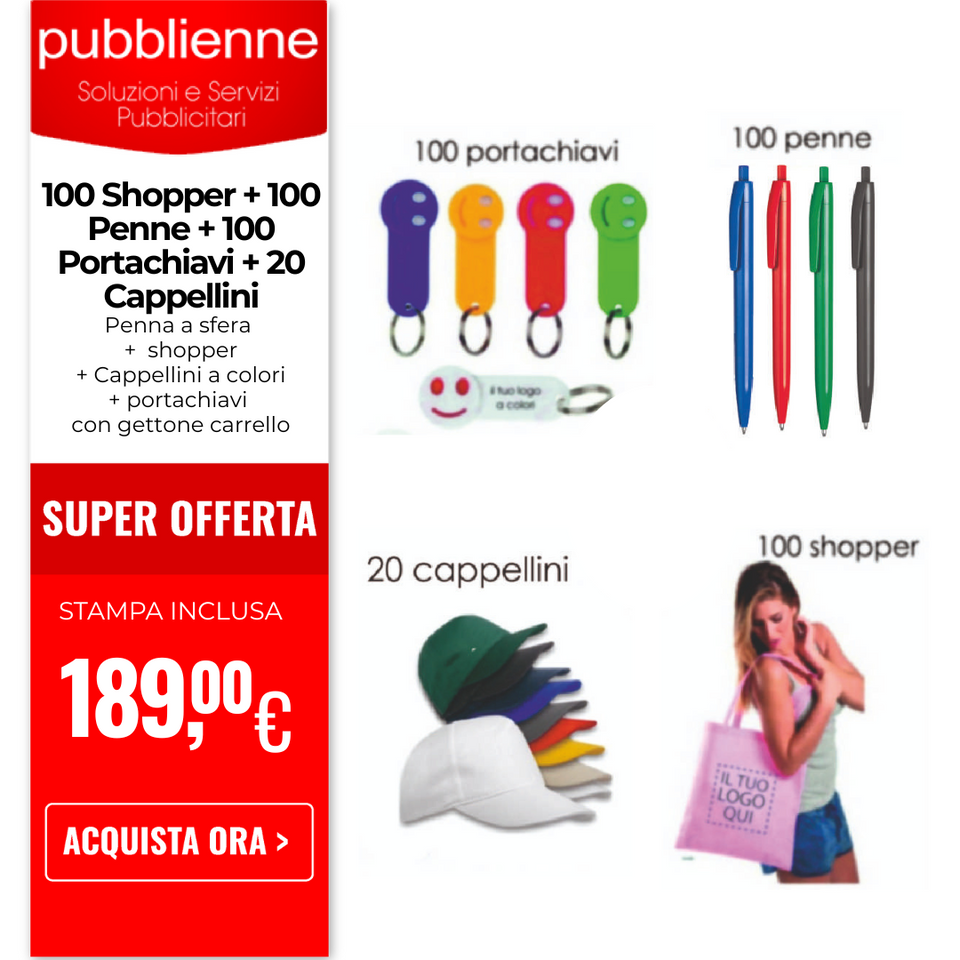 100 Shopper + 100 Penne + 100 Portachiavi + 20 Cappellini personalizzato con logo - Pubblienne