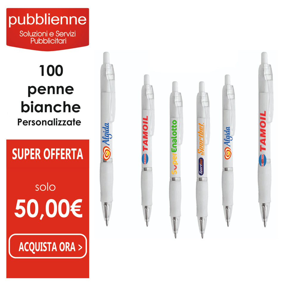 100 Penne bianche stampa a colori personalizzato con logo - Pubblienne