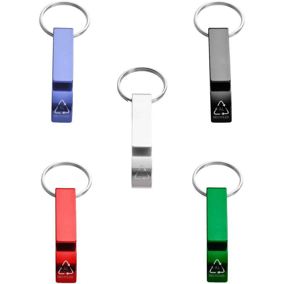 Portachiavi con apribottiglie e apriscatole in alluminio riciclato RCS Tao personalizzato con logo - Pubblienne