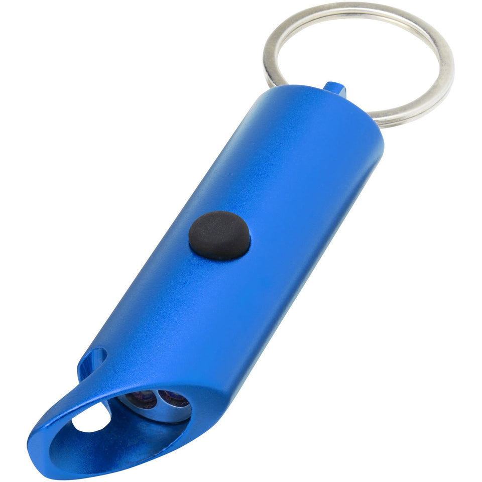 Portachiavi con torcia a LED e apribottiglie in alluminio riciclato IPX Flare personalizzato con logo - Pubblienne