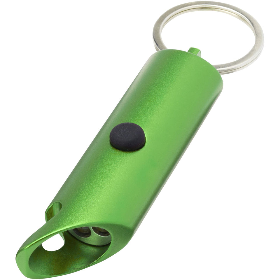 Portachiavi con torcia a LED e apribottiglie in alluminio riciclato IPX Flare personalizzato con logo - Pubblienne