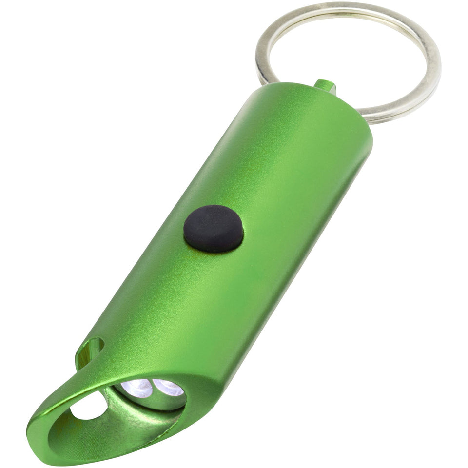 Portachiavi con torcia a LED e apribottiglie in alluminio riciclato IPX Flare personalizzato con logo - Pubblienne