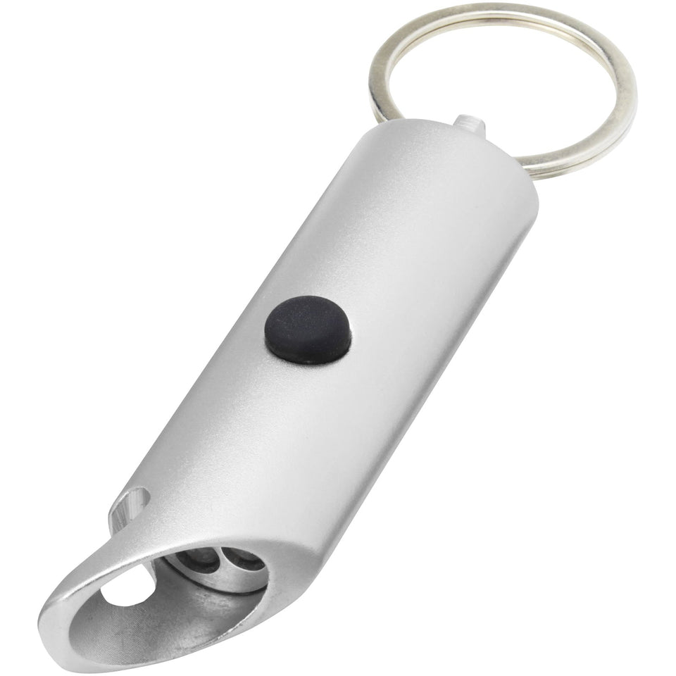 Portachiavi con torcia a LED e apribottiglie in alluminio riciclato IPX Flare personalizzato con logo - Pubblienne