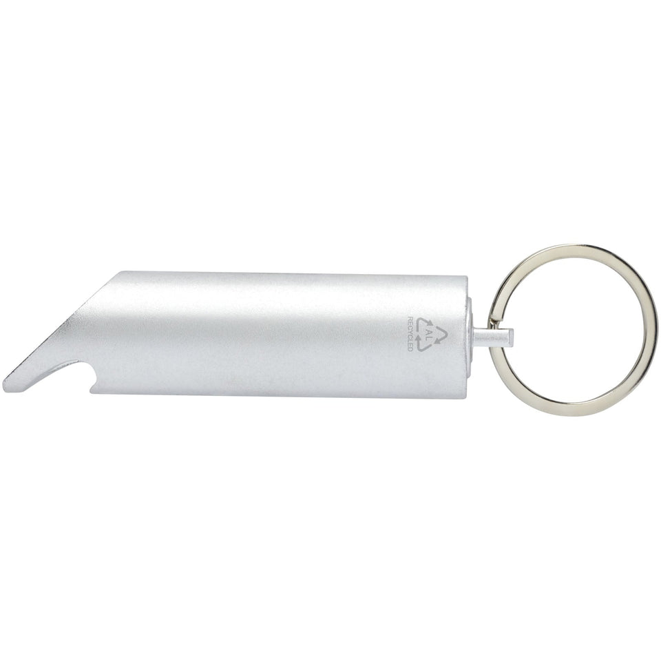 Portachiavi con torcia a LED e apribottiglie in alluminio riciclato IPX Flare personalizzato con logo - Pubblienne