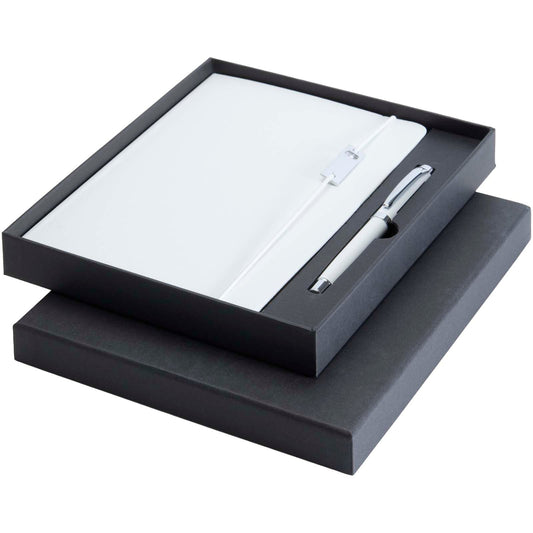 Set con blocco note formato A5 con copertina rigida e penna roller Legato Elegance personalizzato con logo - Pubblienne
