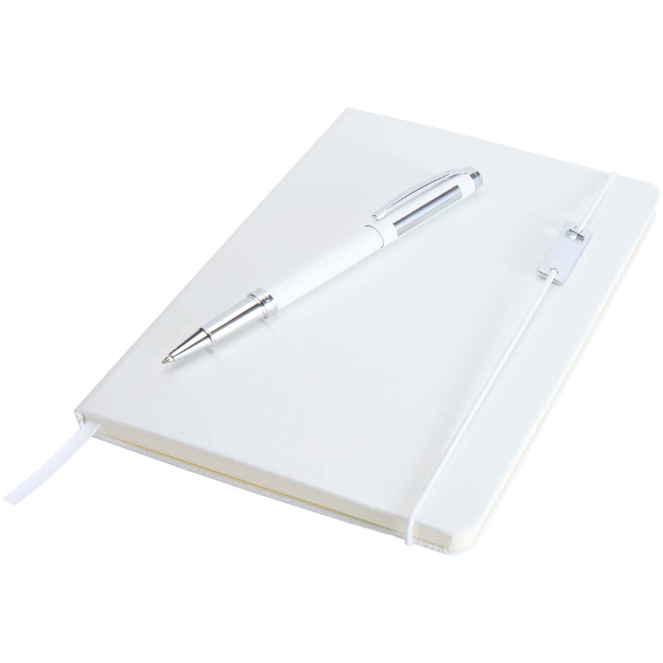 Set con blocco note formato A5 con copertina rigida e penna roller Legato Elegance personalizzato con logo - Pubblienne