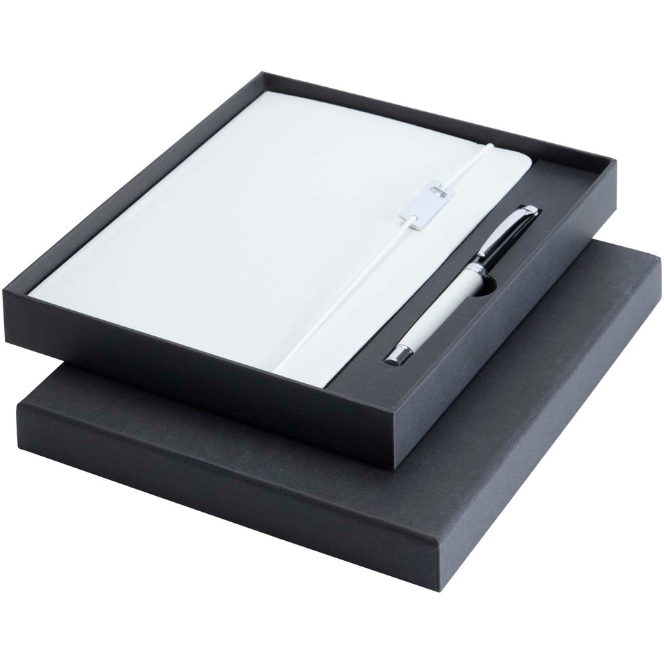 Set con blocco note formato A5 con copertina rigida e penna roller Legato Elegance personalizzato con logo - Pubblienne