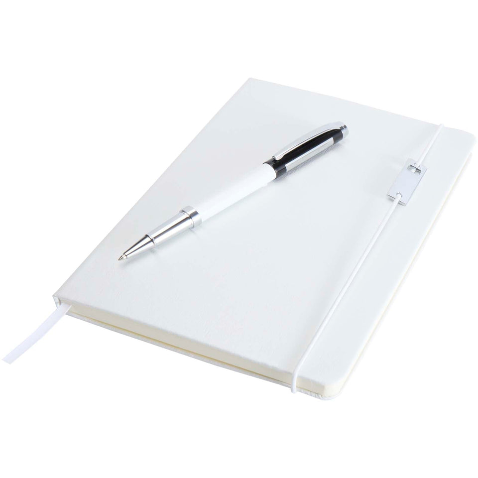 Set con blocco note formato A5 con copertina rigida e penna roller Legato Elegance personalizzato con logo - Pubblienne