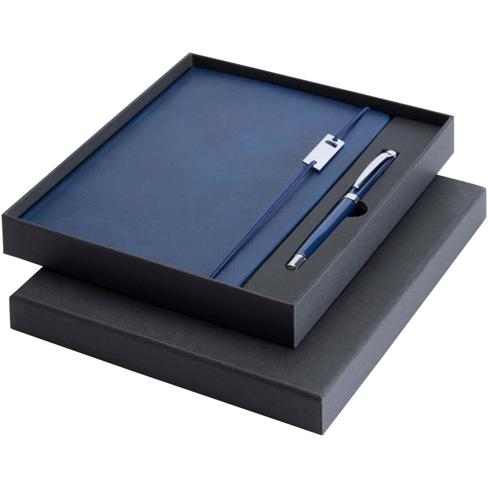 Set con blocco note formato A5 con copertina rigida e penna roller Legato Elegance personalizzato con logo - Pubblienne