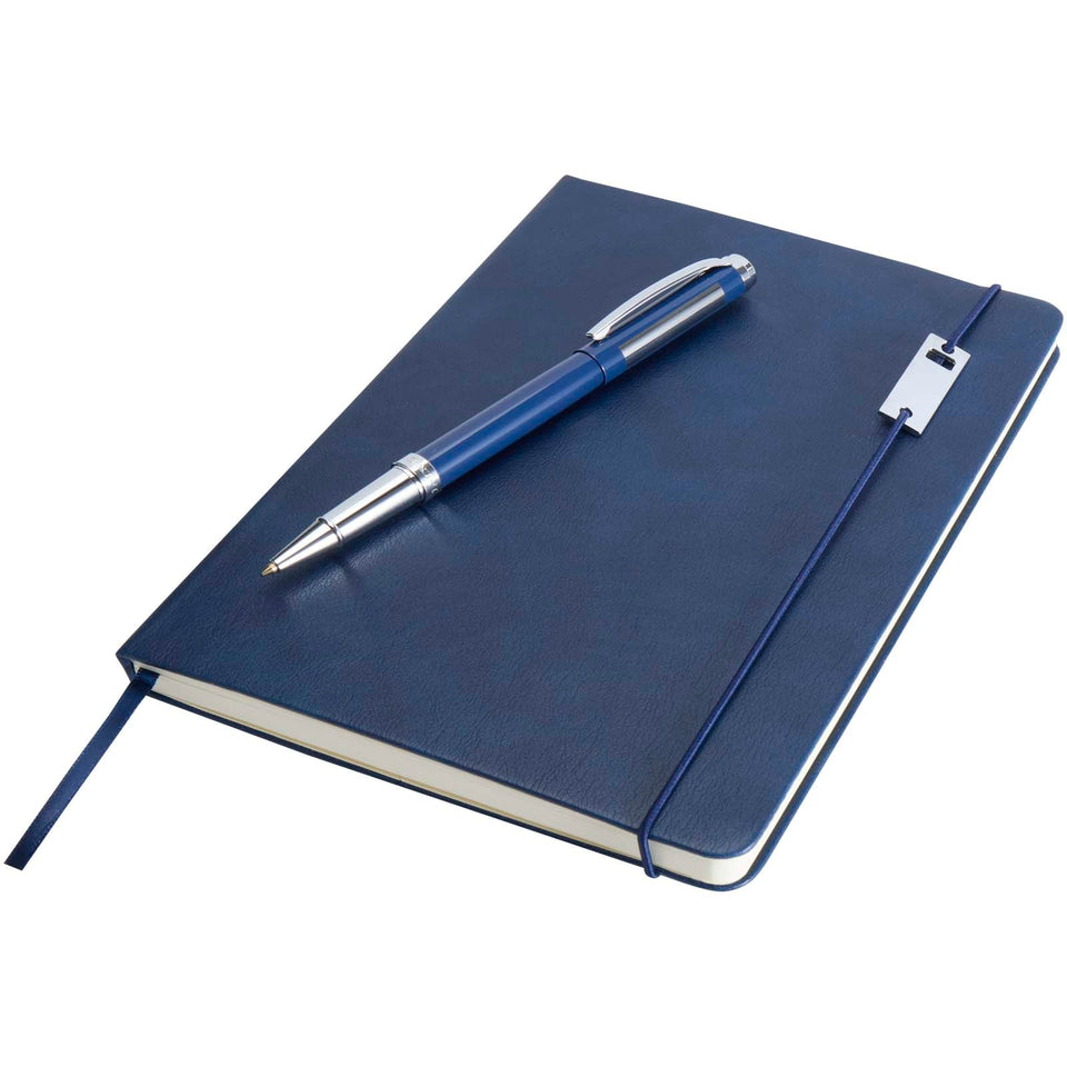 Set con blocco note formato A5 con copertina rigida e penna roller Legato Elegance personalizzato con logo - Pubblienne