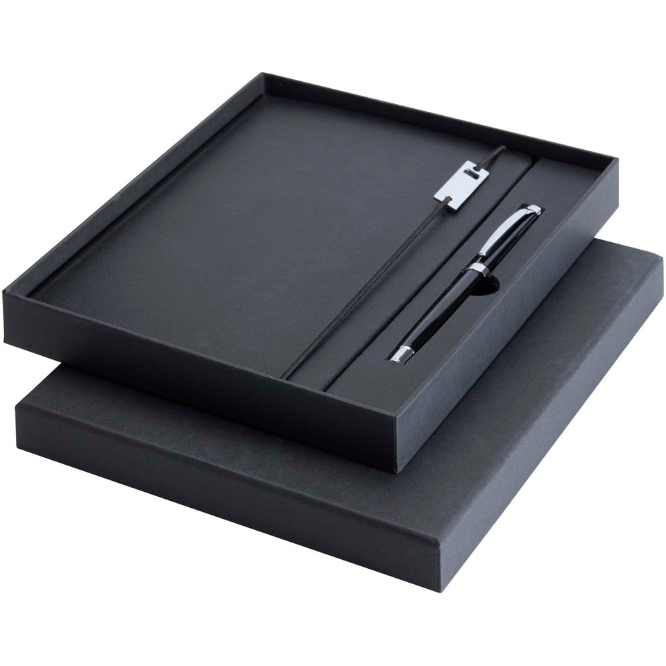 Set con blocco note formato A5 con copertina rigida e penna roller Legato Elegance personalizzato con logo - Pubblienne