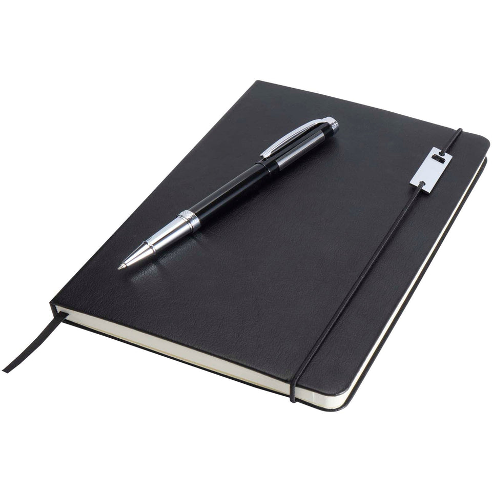Set con blocco note formato A5 con copertina rigida e penna roller Legato Elegance personalizzato con logo - Pubblienne