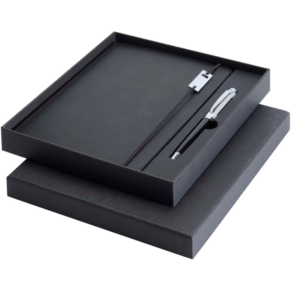 Set con blocco note formato A5 con copertina rigida e penna roller Legato Elegance personalizzato con logo - Pubblienne